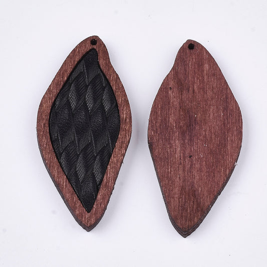 P279 - 4 pcs. Black REAL Leather Cowhide over Wood Dangle Pendants - Rattan - Leaf - 50mm (2") - Great for Earrings or Dangles!