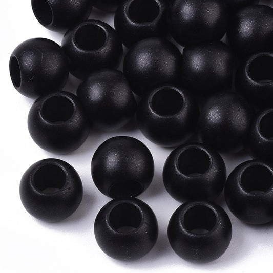 BD538 - 75 pcs Black Matte Acrylic Smooth Ball Spacer Beads - 12mm - Large Hole: 6mm - Fits European Cords and Paracord!