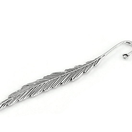 5 pcs. Antique Silver Feather Bookmark Hooks - Leaf - 117mm (4.6 in) image 2