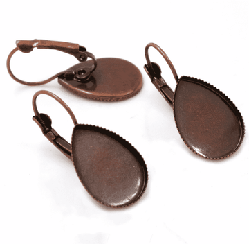 E843 - 10 pcs. Antique Copper Earring Clips Settings Lever Back Bezels Cabochons - 25mm x 18mm Glue Pad Setting - Teardrop