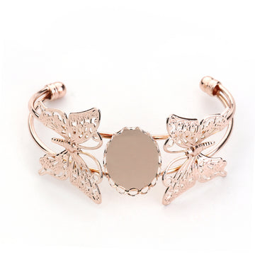 B007 - 1 pc. Rose Gold Plated Open Cuff Bangle Bezel Cabochon Bracelets - 25mm x 18mm Glue Pad - 16.5cm (6.5") - Oval - 25x18mm - 18x25mm