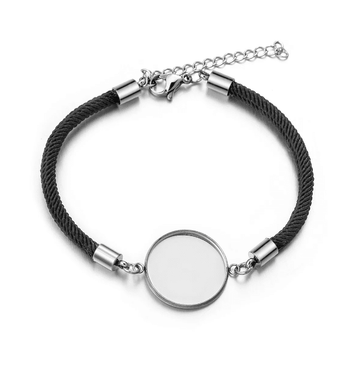 B113 - 2 pcs. 304 Stainless Steel Black Cord Bracelets - 7.09" (18cm) - 20mm Bezel - Tarnish Resistant