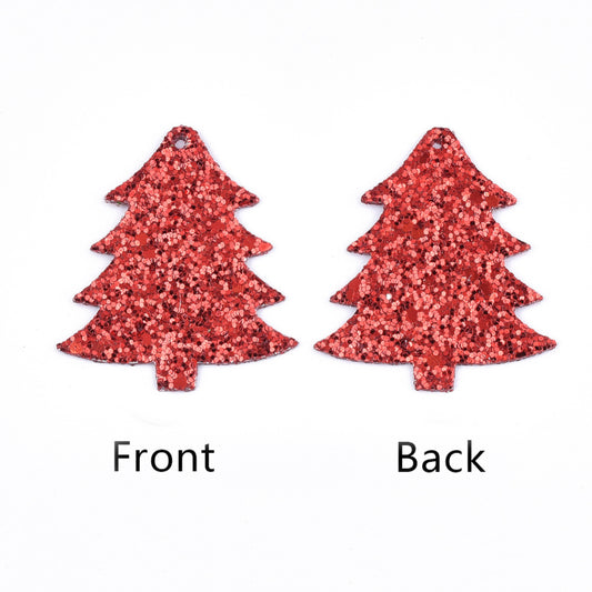 P681 - 10 pcs. Red Glitter Faux Leather Dangle Charms Pendants - Christmas Tree - 55mm (2.17") - Great for Light Earrings - Double-Sided
