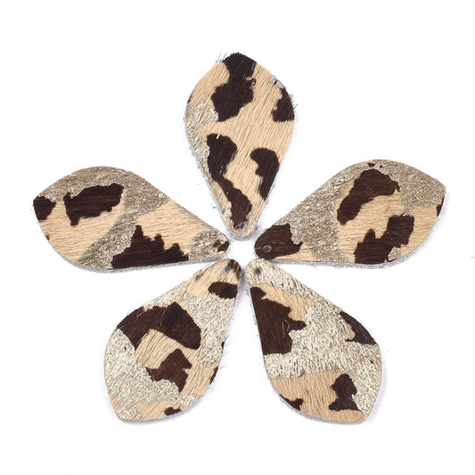 P553 - 6 pcs. Beige and Black REAL Leather Cowhide Dangle Pendants - Camouflage - Teardrop - 38mm (1.5") - Great for Earrings or Dangles!