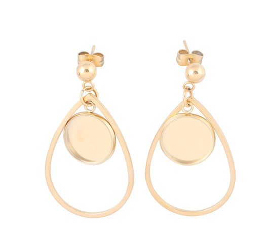 E663 - 6 pcs. 304 Stainless Steel Gold Plated Earring Teardrop Dangle Hooks Settings Bezels - 12mm Glue Pad Setting