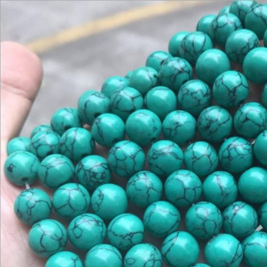 BD066 - 48 pcs. - 8mm Turquoise Black Dots Stains Stripes Drawbench Round Beads