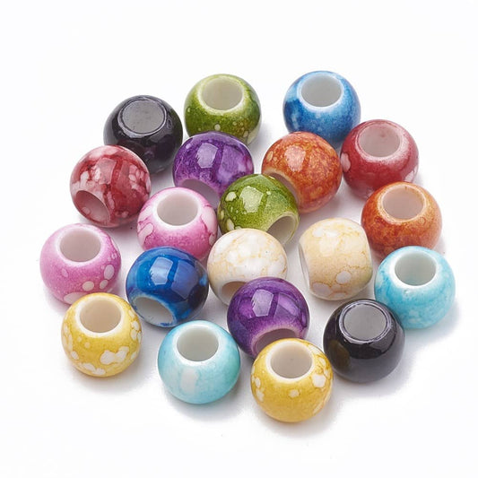 BD838 -100 pcs Acrylic Assortment of Colors Smooth Ball Spacer Beads - 10mm - Large Hole: 4.4mm - Blotchy Style - Fits European Cords and Paracord!