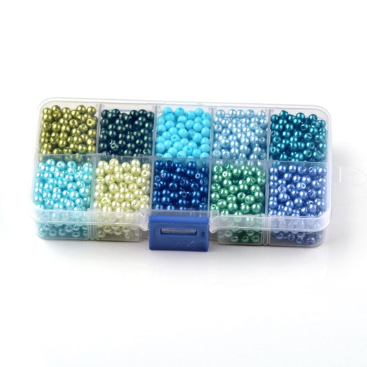 BD843 - 200 Beads - 8mm Assortment Box of Glass Pearl Imitation Round Beads - Hole Size: 1mm - 10 Colors! Blues