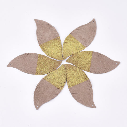 P323 - 4 pcs. Brown and Golden REAL Leather Sheepskin Dangle Pendants - Leaves - 70mm (2.76")
