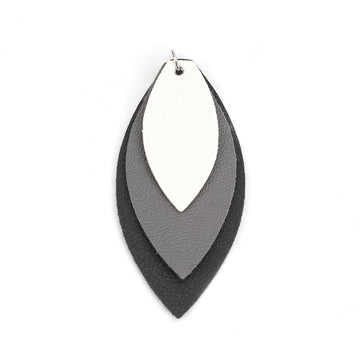 P175 - 10 pcs. Black Gray White Faux Leather Dangle Charms Pendants - Leaf - Triple Layer - 71mm (2.8") - Great for Light Earrings or Dangles