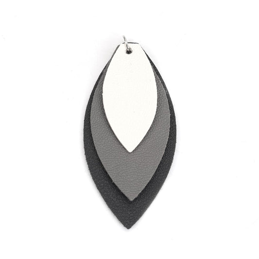 P175 - 10 pcs. Black Gray White Faux Leather Dangle Charms Pendants - Leaf - Triple Layer - 71mm (2.8") - Great for Light Earrings or Dangles