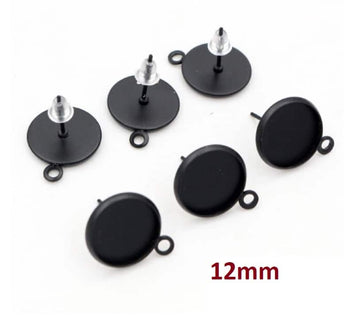 E917 - 10 pcs. Black Earring Posts Studs Settings Bezels Cabochons Tacks with Loop - 12mm Glue Pad Setting