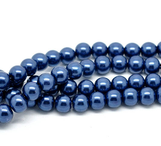 BD068 - 8mm Bright Blue Glass Pearl Imitation Round Beads - 32 inch strand - Approx. 105 beads per strand - Hole size: 1.5mm