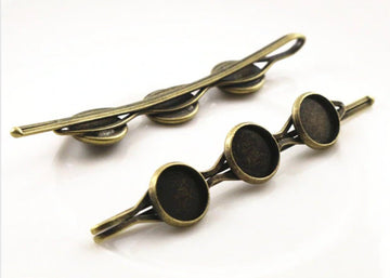 H029 - 5 pcs. - Antique Bronze Hair Bobby Pins Cabochons Bezels - 10mm Glue Pad - 3 Bezels