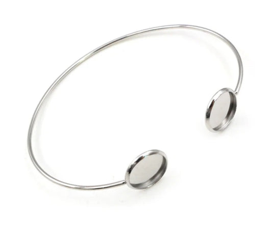 B114 - 4 pcs. 316 Stainless Steel Open Cuff Adjustable Bangle Bezel Bracelet - 2 Settings - 12mm Glue Pad