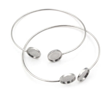 B004 - 2 pcs. 316 Stainless Steel Open Cuff Adjustable Bangle Bezel Bracelet - 2 Settings - 12mm Glue Pad - Flat Bezel