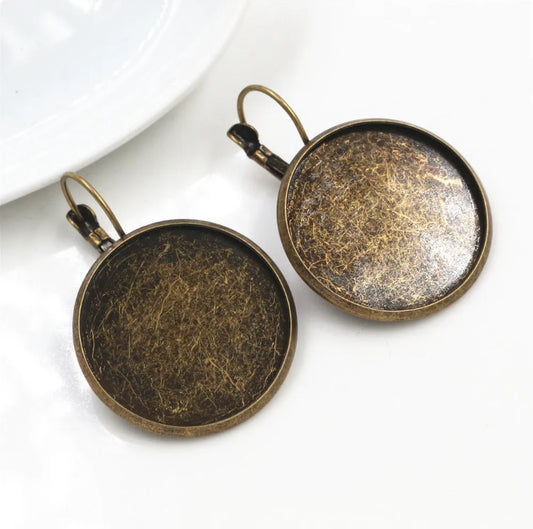 E317 - 10 pcs. Antique Bronze Earring Clips Settings Lever Back Bezels Cabochons - 25mm Glue Pad Setting (1 inch)- Made of Copper!