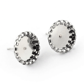 E879 - 10 pcs. 304 Stainless Steel Earring Posts Studs Settings Bezels Cabochons Tacks - 10mm Glue Pad Setting - Bubble Frame