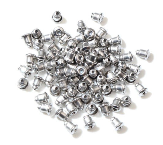 E321 - 100 pcs 304 Stainless Steel Earring Stoppers - 6mm x 5mm - Ear Nuts - Bullet Design