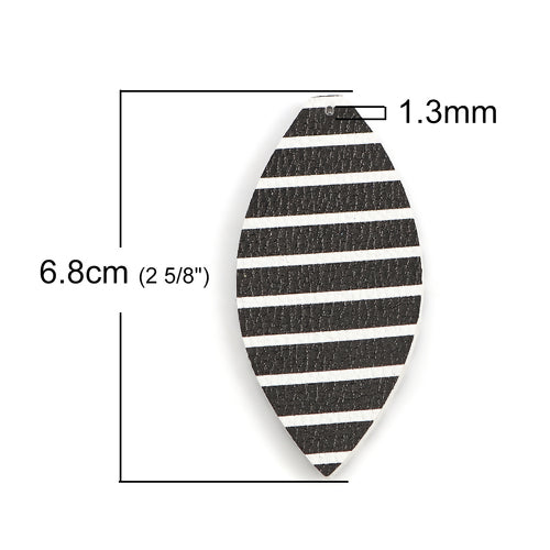 P221 - 10 pcs. Black with White Stripes Faux Leather Dangle Charms Pendants - Marquise - 68mm (2.7") - Great for Earrings and Dangles! Double Sided
