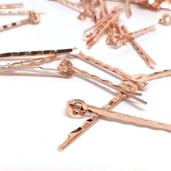 H021 - 50 pcs. Rose Gold Plated Bobby Pins - 8mm Glue Pad - Ripple Pattern - 52mm x 8mm (2" x 0.3") image 0
