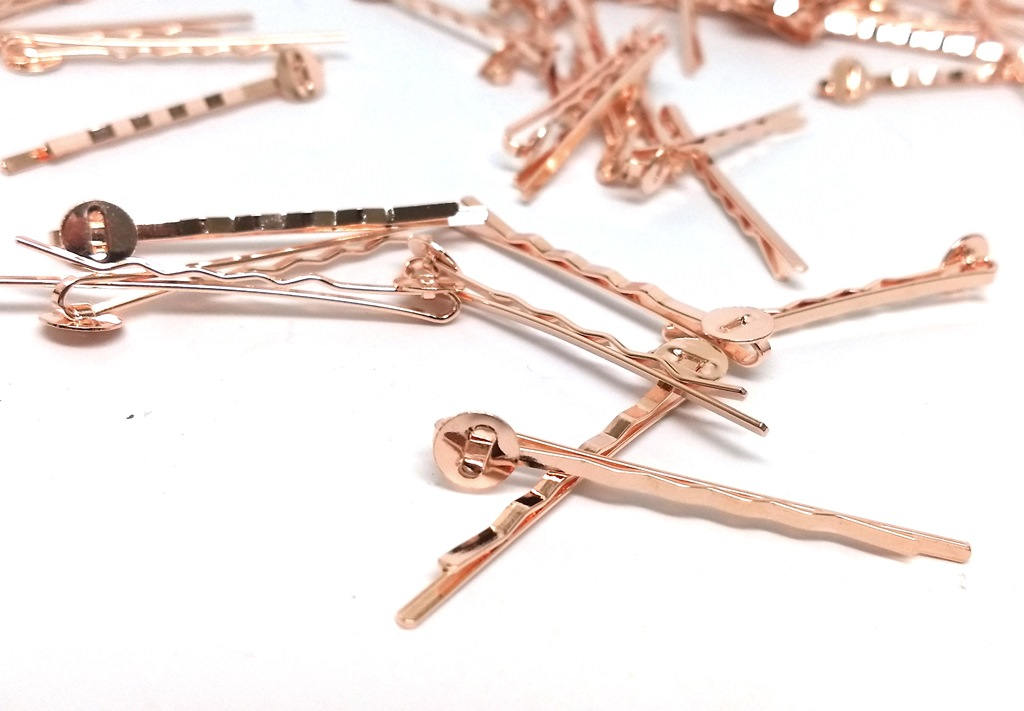 H021 - 50 pcs. Rose Gold Plated Bobby Pins - 8mm Glue Pad - Ripple Pattern - 52mm x 8mm (2" x 0.3") image 0
