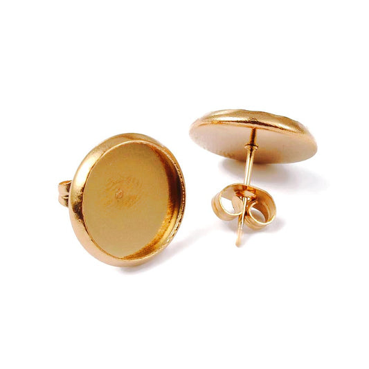 E297 - 10 pcs. Stainless Steel Gold Plated Earring Posts Settings Bezels Cabochons Tacks- 12mm Glue Pad Setting - with Stoppers!