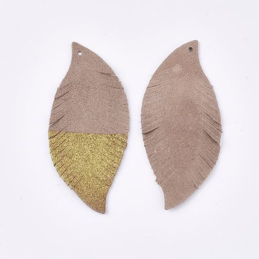 P323 - 4 pcs. Brown and Golden REAL Leather Sheepskin Dangle Pendants - Leaves - 70mm (2.76")