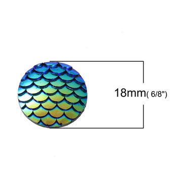 CA256 - 10 pcs Mermaid Fish Scales Resin Carved Embellishment Cabochons Blue Green with Silver Back - 18mm (0.7")
