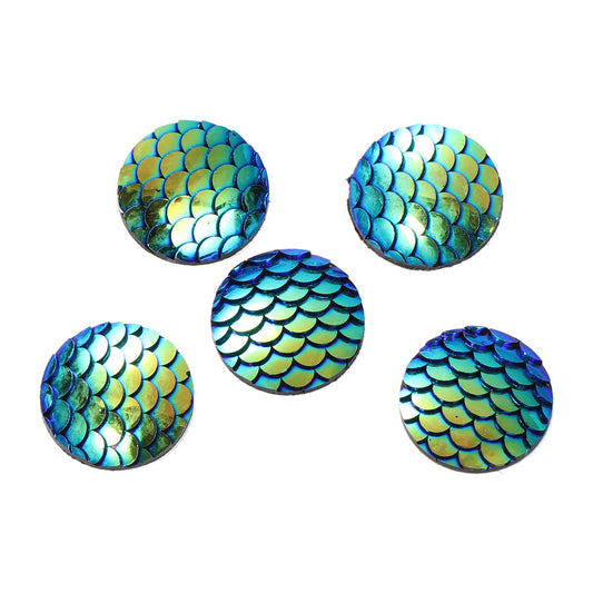 CA256 - 10 pcs Mermaid Fish Scales Resin Carved Embellishment Cabochons Blue Green with Silver Back - 18mm (0.7")