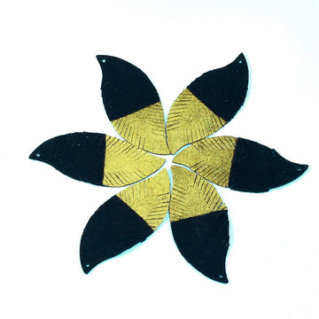 P326 - 4 pcs. Black and Golden REAL Leather Sheepskin Dangle Pendants - Leaves - 70mm (2.76")
