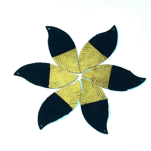 P326 - 4 pcs. Black and Golden REAL Leather Sheepskin Dangle Pendants - Leaves - 70mm (2.76")