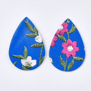 P942 - 10 pcs. Blue, Pink and White Multicolor Floral Embroidered Faux Leather Dangle Charms Pendants - Teardrop - 55mm (2.17") - Double Sided
