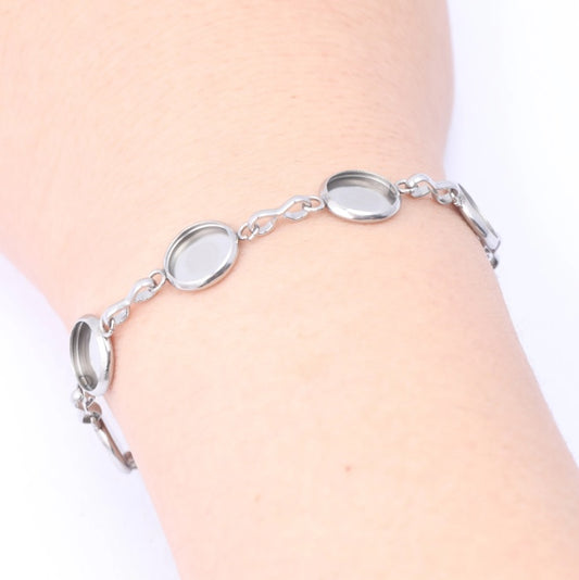 B112 - 3 pcs. 304 Stainless Steel Silver Tone Chain Bracelets - 6.3" (16cm) - 8mm Bezels - Extends to 7.09" (20cm) with Extender Chain!