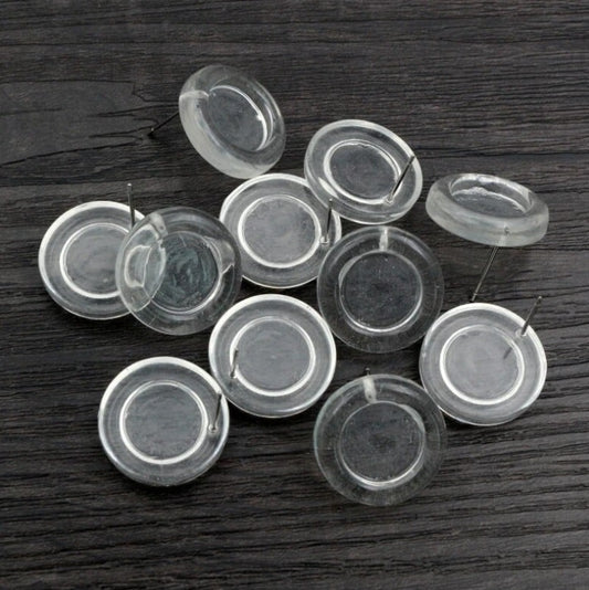 E645 - 10 pcs. Resin Earring Posts Studs Settings Cabochons Tacks - 12mm Glue Pad Setting - Clear - Silver Tone Pins