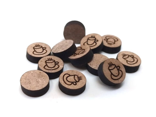 WP0011 - 10 pcs Wood Engraved Cabochons - Coffee Cup Hot Tea Mug- 12mm - Flat Coin Circle