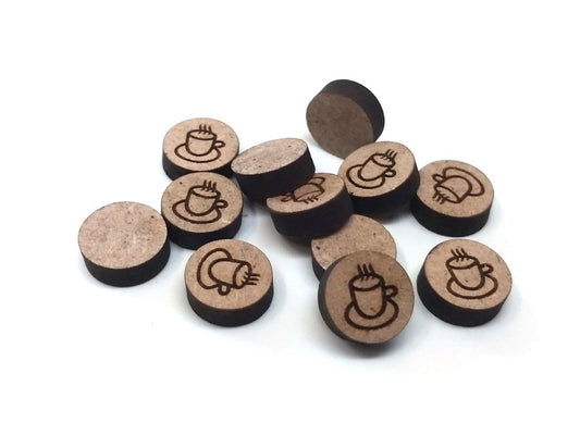 WP0011 - 10 pcs Wood Engraved Cabochons - Coffee Cup Hot Tea Mug- 12mm - Flat Coin Circle