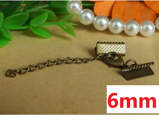 CR004 - 10 sets - Antique Bronze Bracelet and Necklace End Tips Crimps with Lobster Claw Clasps and Extender Chains - For 6mm Wide Cords