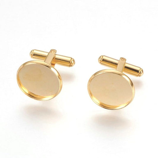 CU041 - Lot of 10 Gold Plated Cuff Links (5 pairs) - 16mm Glue Pad Bezel Setting - 304 Stainless Steel - Tarnish Resistant! Very High Quality!