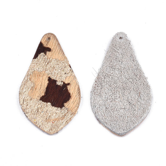 P553 - 6 pcs. Beige and Black REAL Leather Cowhide Dangle Pendants - Camouflage - Teardrop - 38mm (1.5") - Great for Earrings or Dangles!