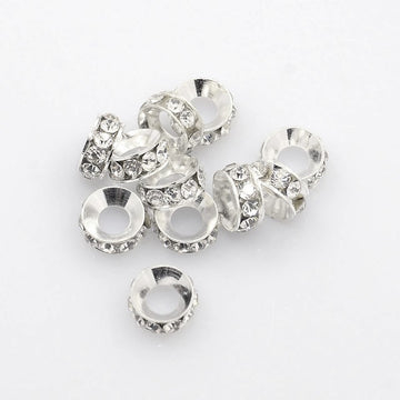 BD178 - 20 pcs. Silver Plated Clear Rhinestone Rondelle Spacer Beads - 7mm x 3.3mm - Hole Size: 3.5mm