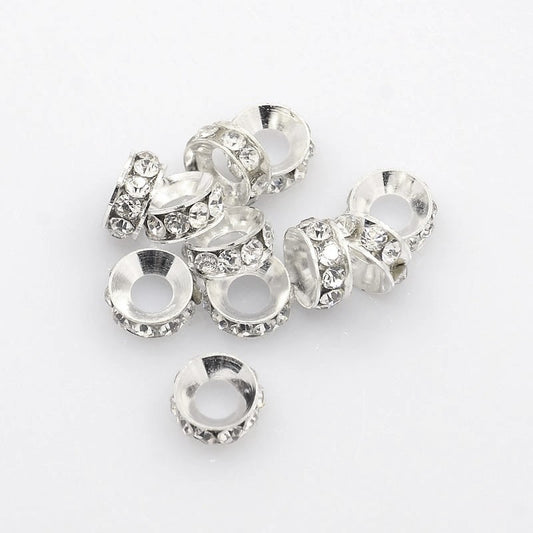 BD178 - 20 pcs. Silver Plated Clear Rhinestone Rondelle Spacer Beads - 7mm x 3.3mm - Hole Size: 3.5mm