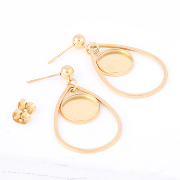 E663 - 6 pcs. 304 Stainless Steel Gold Plated Earring Teardrop Dangle Hooks Settings Bezels - 12mm Glue Pad Setting
