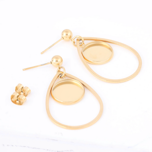 E663 - 6 pcs. 304 Stainless Steel Gold Plated Earring Teardrop Dangle Hooks Settings Bezels - 12mm Glue Pad Setting