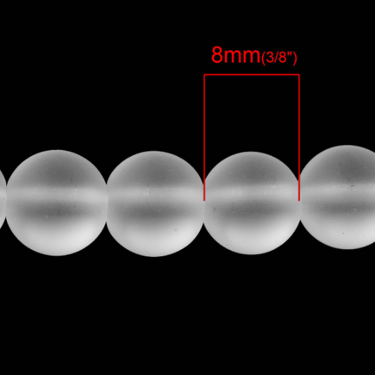 BD205 - 50 Beads - 8mm Clear White Frosted Glass Round Beads - 15 3/8" strand - Approx 50 beads per strand - Hole Size: 1.5mm