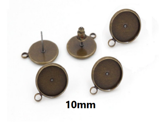 E261 - 10 pcs. Antique Bronze Earring Posts Studs Settings Bezels Cabochons Tacks with Loop - 10mm Glue Pad Setting