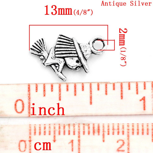 P179 - 50 pcs. Antique Silver Witch and Broom Halloween Charms Pendants - 13mm x 10mm