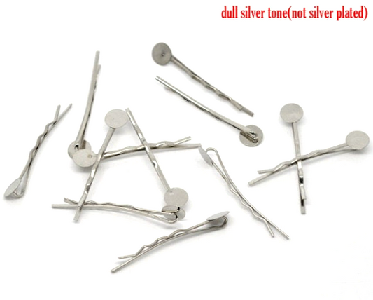 H050 - 20 pcs. Silver Tone Bobby Pins - 8mm Glue Pad