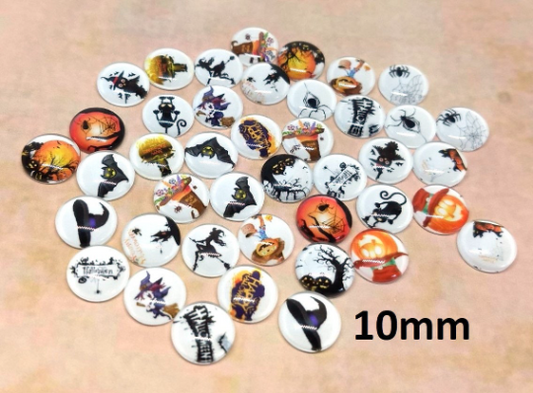 CA264 - 40 pcs. Assortment of Circle Halloween Glass Round Dome Seals Tiles Cabochons - 10mm - Set 1
