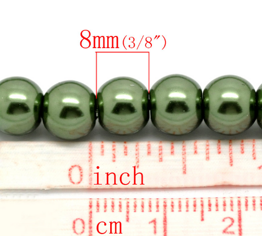 BD302 - 8mm Dark Green Glass Pearl Imitation Round Beads - 32 inch strand - Hole Size: 1mm - Approx. 100 pcs per strand